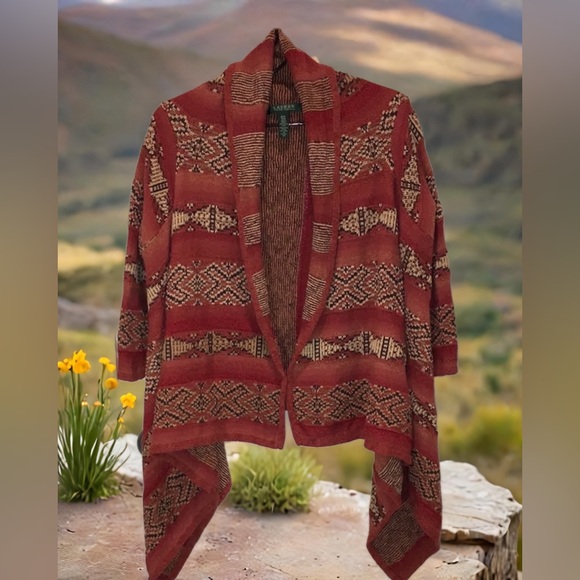 Ralph Lauren Sweaters - Ralph Lauren LAUREN S/M Cardigan Handkerchief Hem Shawl Collar Open Front